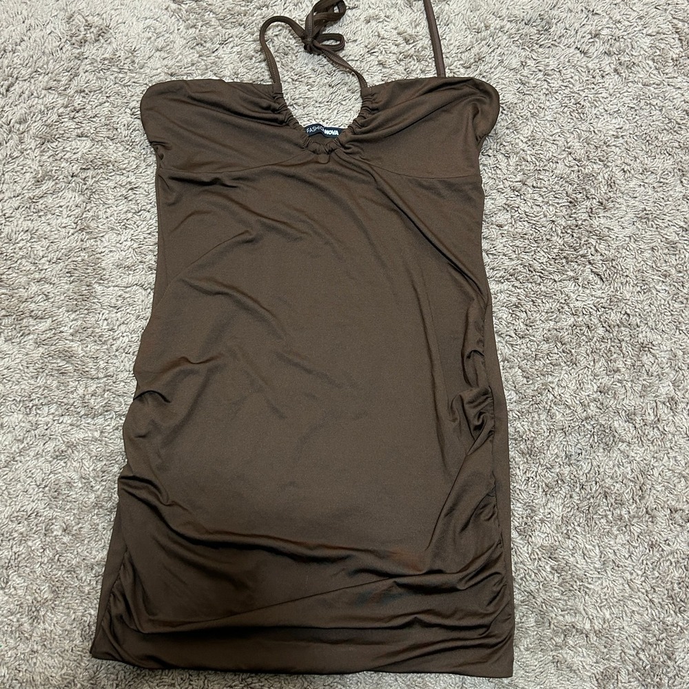 Fashion Nova Women Y2K Sierra Smooth Mini Dress Ruched Halter Brown L